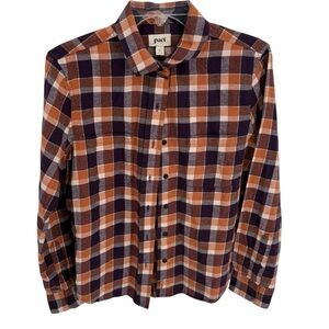 Pact Womens Plaid Mila Flannel Shirt Size Small Purple Gold Organic Cotton